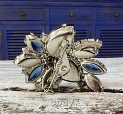 Vintage Julianna Silver Tone Open Back Blue Rhinestone Glass Flower Brooch #112