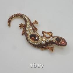 Vintage KJL Brooch Lizard Brown Rhinestone Signed