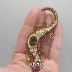 Vintage KJL Brooch Lizard Brown Rhinestone Signed