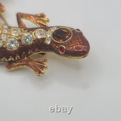 Vintage KJL Brooch Lizard Brown Rhinestone Signed