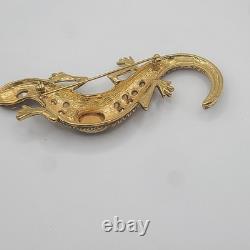 Vintage KJL Brooch Lizard Brown Rhinestone Signed