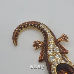 Vintage KJL Brooch Lizard Brown Rhinestone Signed