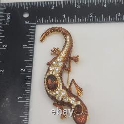Vintage KJL Brooch Lizard Brown Rhinestone Signed