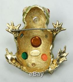 Vintage KJL Frog Brooch. Enamel with Rhinestones Faux Pearl RARE