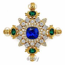 Vintage KJL Kenneth Jay Lane Cross Brooch Blue Green Rhinestone Gold Tone Maltes