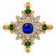 Vintage KJL Kenneth Jay Lane Cross Brooch Blue Green Rhinestone Gold Tone Maltes