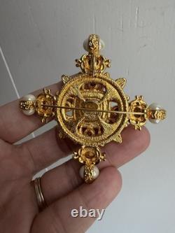 Vintage KJL Kenneth Jay Lane Cross Brooch Blue Green Rhinestone Gold Tone Maltes