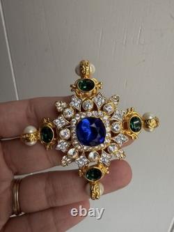 Vintage KJL Kenneth Jay Lane Cross Brooch Blue Green Rhinestone Gold Tone Maltes
