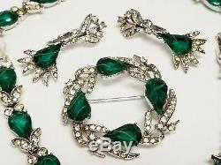 Vintage KRAMER Flawed Emerald Rhinestone Necklace Bracelet Earrings Brooch Set