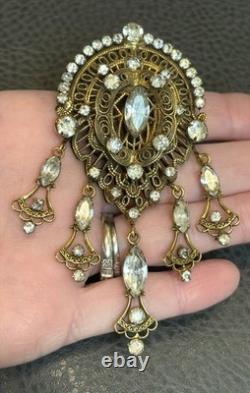 Vintage KRAMER Of New York Filigree Victorian Revival Rhinestone Dangle Brooch