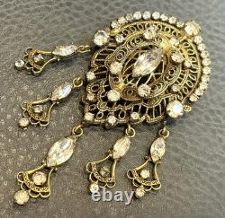 Vintage KRAMER Of New York Filigree Victorian Revival Rhinestone Dangle Brooch
