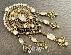 Vintage KRAMER Of New York Filigree Victorian Revival Rhinestone Dangle Brooch