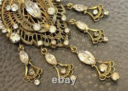 Vintage KRAMER Of New York Filigree Victorian Revival Rhinestone Dangle Brooch