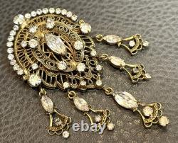 Vintage KRAMER Of New York Filigree Victorian Revival Rhinestone Dangle Brooch