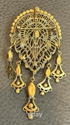 Vintage KRAMER Of New York Filigree Victorian Revival Rhinestone Dangle Brooch