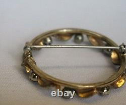 Vintage KREMENTZ Gold Leaf Blue Crystal Rhinestones Circle Brooch pin