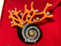 Vintage Kenneth Jay Lane Coral Branch Snail Faux Pearl Rhinestone Pave Brooch