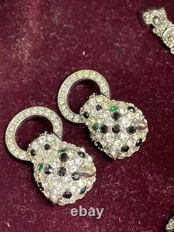 Vintage Kenneth Jay Lane KJL AVON Panther Rhinestones Brooch Pin & Earring Set