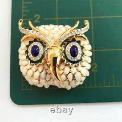 Vintage Kenneth Jay Lane KJL Owl Brooch Pin White Enamel Blue Glass Eyes