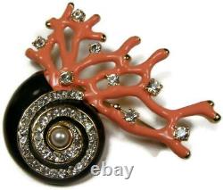 Vintage Kenneth Jay Lane KJL Shell with Coral Branches & Rhinestones Brooch Pin