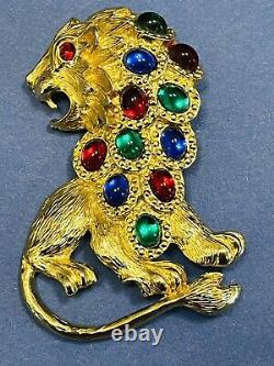 Vintage Kenneth Jay Lane Large Roaring Lion Brooch Glass Rhinestone Pin KJL
