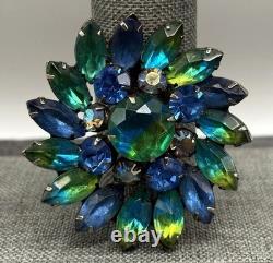 Vintage Kramer Blue Green Aurora Borealis Givre Rhinestone Floral Brooch Pin