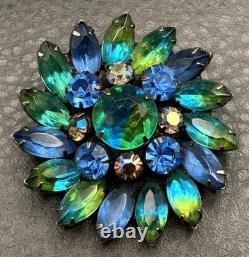 Vintage Kramer Blue Green Aurora Borealis Givre Rhinestone Floral Brooch Pin