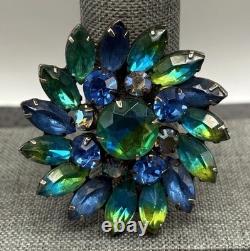 Vintage Kramer Blue Green Aurora Borealis Givre Rhinestone Floral Brooch Pin