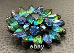 Vintage Kramer Blue Green Aurora Borealis Givre Rhinestone Floral Brooch Pin
