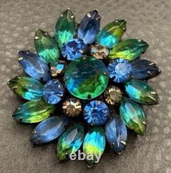 Vintage Kramer Blue Green Aurora Borealis Givre Rhinestone Floral Brooch Pin