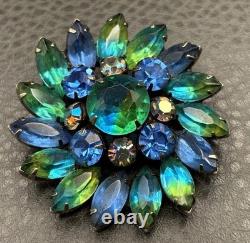 Vintage Kramer Blue Green Aurora Borealis Givre Rhinestone Floral Brooch Pin