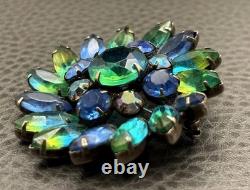 Vintage Kramer Blue Green Aurora Borealis Givre Rhinestone Floral Brooch Pin