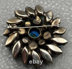 Vintage Kramer Blue Green Aurora Borealis Givre Rhinestone Floral Brooch Pin