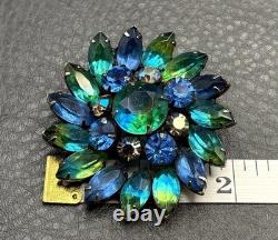 Vintage Kramer Blue Green Aurora Borealis Givre Rhinestone Floral Brooch Pin