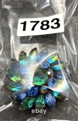 Vintage Kramer Blue Green Aurora Borealis Givre Rhinestone Floral Brooch Pin