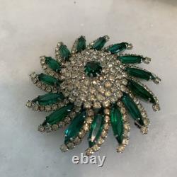 Vintage Kramer Emerald Green Glass Clear Crystal Rhinestone Swirl Brooch Signed