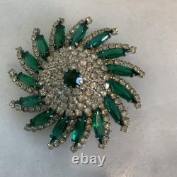 Vintage Kramer Emerald Green Glass Clear Crystal Rhinestone Swirl Brooch Signed