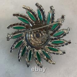 Vintage Kramer Emerald Green Glass Clear Crystal Rhinestone Swirl Brooch Signed