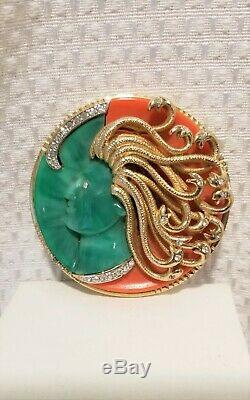 Vintage Kramer Medusa Brooch Mythology green coral color lucite Rare unsigned