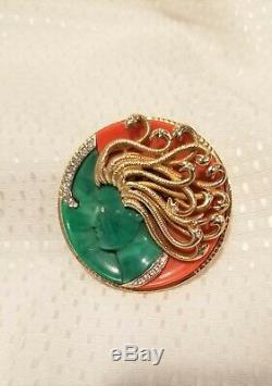 Vintage Kramer Medusa Brooch Mythology green coral color lucite Rare unsigned