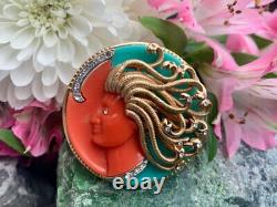 Vintage Kramer Medusa Faux Coral & Turquoise Mythology Rhinestone Brooch / Pin