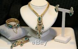 Vintage Kramer NY Goldtone + Green Necklace, Bracelet, Earrings, Brooch Set