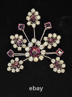 Vintage Kramer Purple and Clear Rhinestone Brooch Large Signed