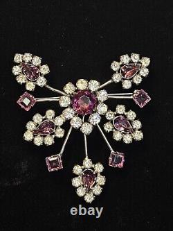 Vintage Kramer Purple and Clear Rhinestone Brooch Large Signed