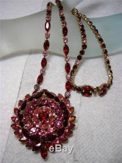 Vintage Kramer Ruby Red & Pink Rhinestone Pendant Necklace BroochDior Quality
