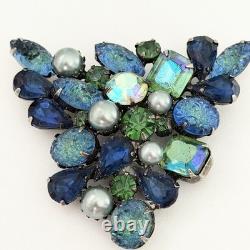 Vintage Kramer Signed Blue Green Molded Glass Rhinestone Big Runway Brooch Pin