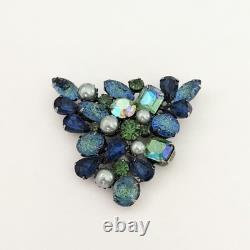 Vintage Kramer Signed Blue Green Molded Glass Rhinestone Big Runway Brooch Pin