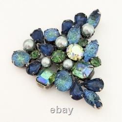 Vintage Kramer Signed Blue Green Molded Glass Rhinestone Big Runway Brooch Pin
