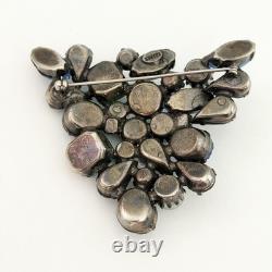 Vintage Kramer Signed Blue Green Molded Glass Rhinestone Big Runway Brooch Pin