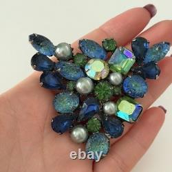 Vintage Kramer Signed Blue Green Molded Glass Rhinestone Big Runway Brooch Pin